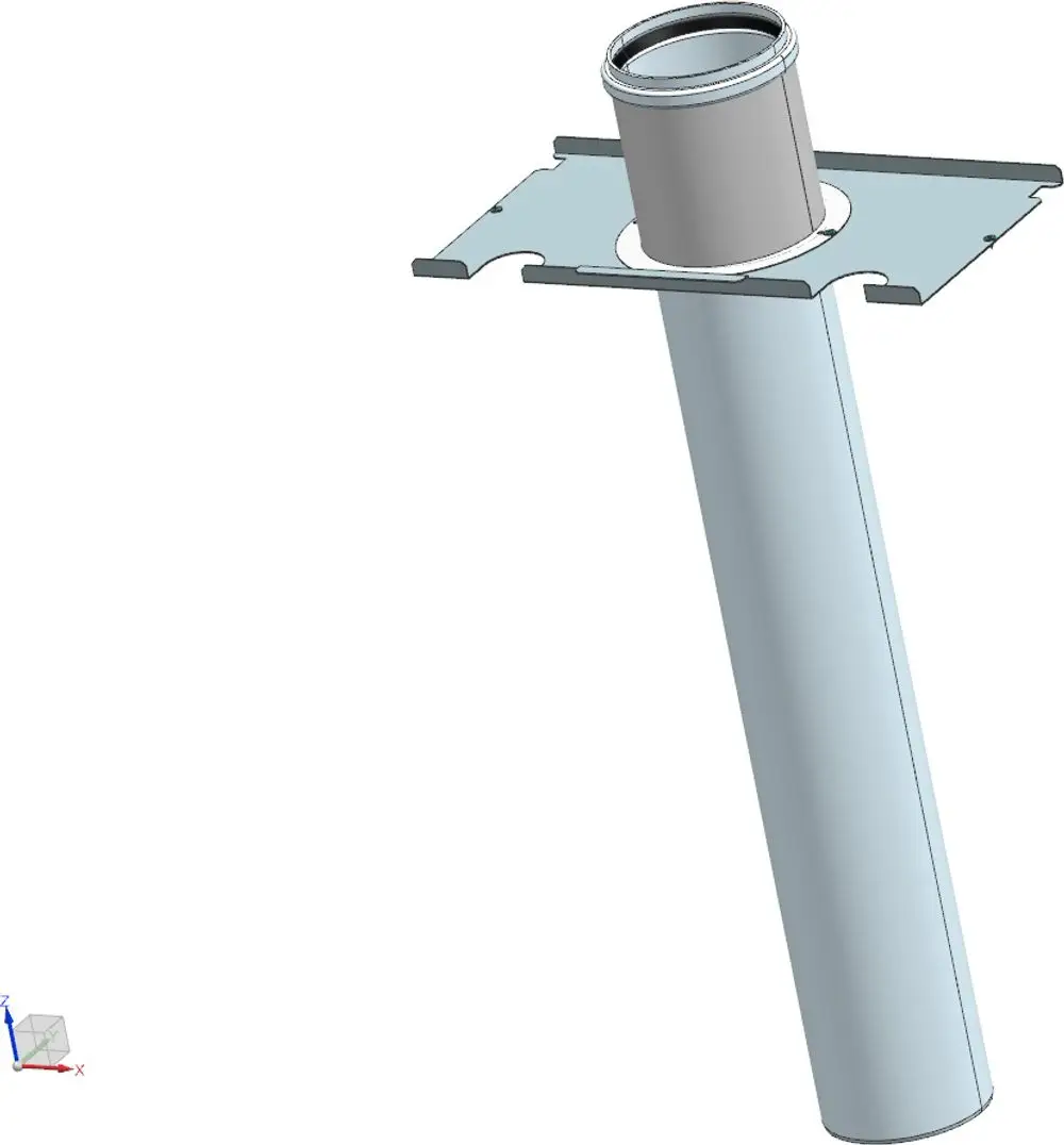 Anschlussset für Abgas mit vertikalem Auslass. Metallrohr mit Montageplatte, geeignet für Bosch Systeme. Klarer Aufbau für die Verbindung im Abgasbereich.